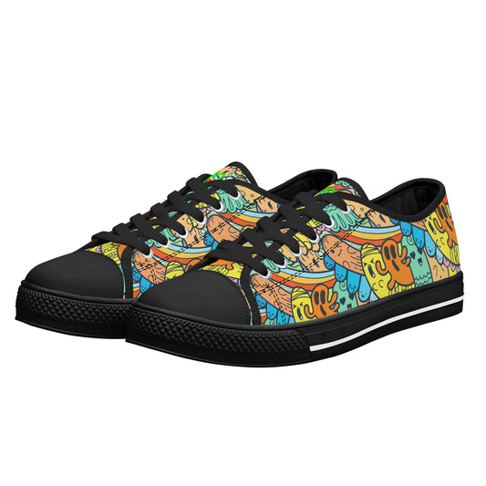 Black/white Women's Low Top Canvas Shoes With Monster Doodle Pattern