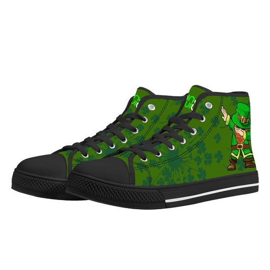 Men's High Top Canvas Shoes With Shamrock and Dabbing Leprechaun