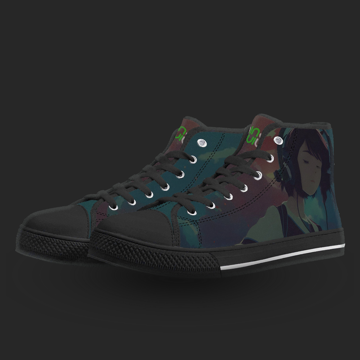 Black high-top sneakers with a graphic design on a dark background