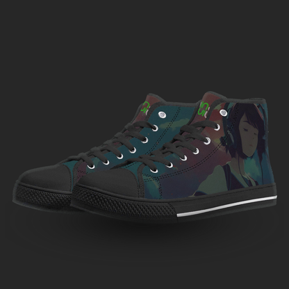 Black high-top sneakers with a graphic design on a dark background