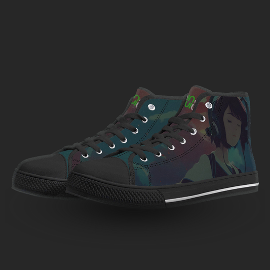 Black high-top sneakers with a graphic design on a dark background