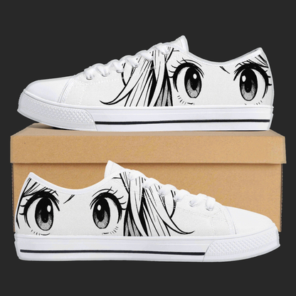 Manga Gaze — Minimalist Anime Eyes Canvas Sneakers (White Edition)